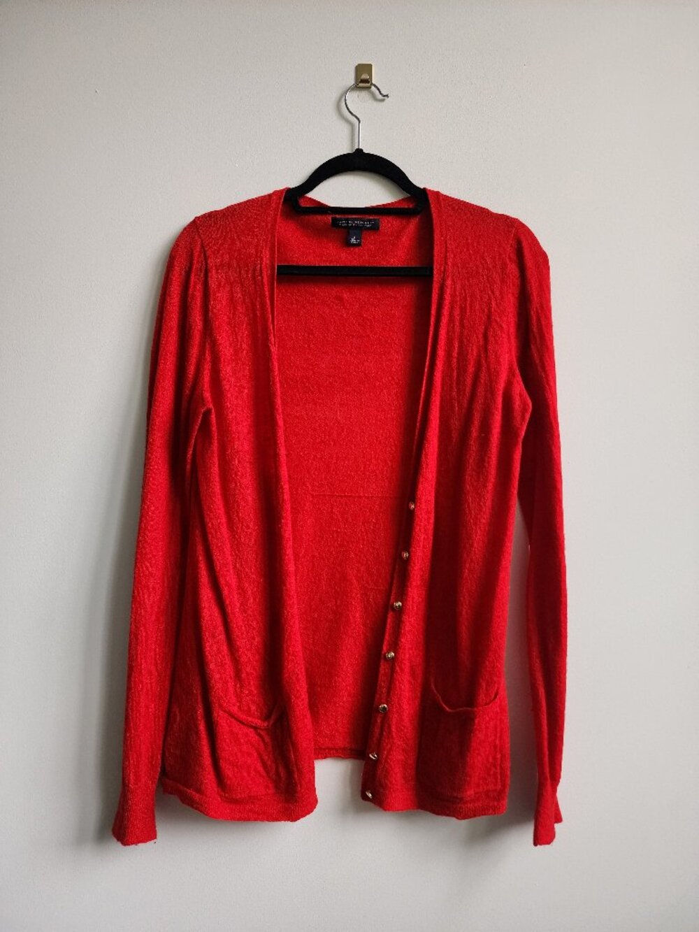 Size L Banana Republic Italian Yarn Cardigan, Red, Front Pockets, Gold Buttons